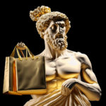 Firefly_photorealistic+greek statue holding two golden shopping bags on black background_photo,maximalism,fantasy,hyper_realistic,product_photo,digital,marble_sculpture_15934