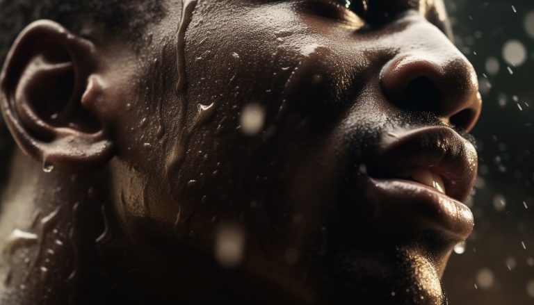 African beauty smiling in refreshing rain shower generated by AI